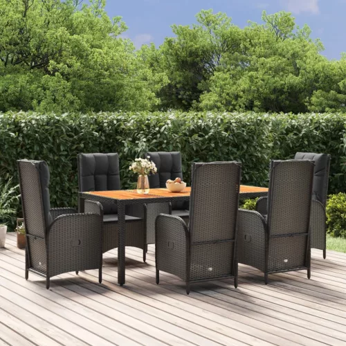  7 részes fekete polyrattan kerti étkezőgarnitúra párnával