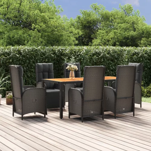  7 részes fekete polyrattan kerti étkezőgarnitúra párnával
