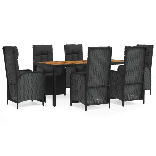  7 részes fekete polyrattan kerti étkezőgarnitúra párnával