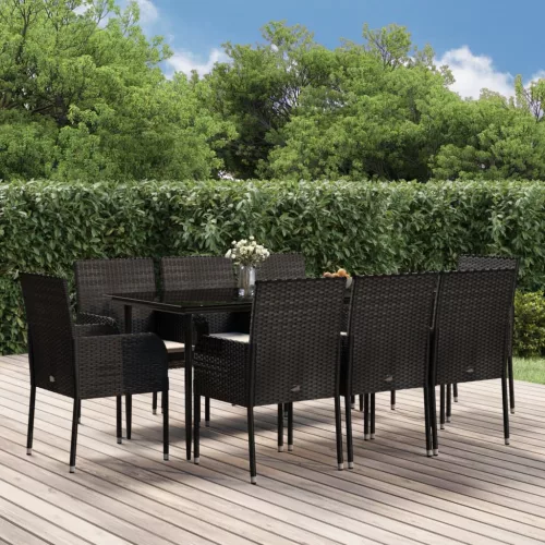  9 részes fekete polyrattan kerti étkezőgarnitúra párnákkal