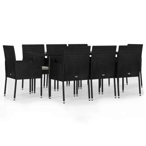  9 részes fekete polyrattan kerti étkezőgarnitúra párnákkal
