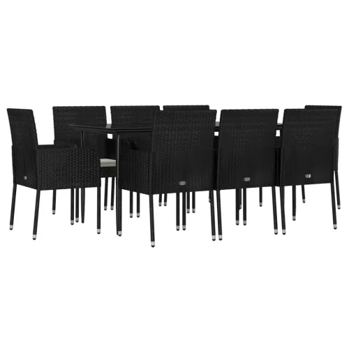  9 részes fekete polyrattan kerti étkezőgarnitúra párnákkal