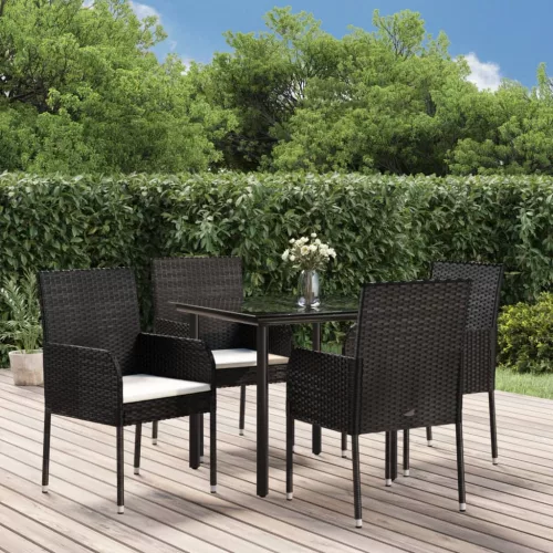  5 részes fekete polyrattan kerti étkezőgarnitúra párnákkal