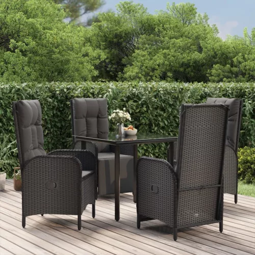  5 részes fekete polyrattan kerti étkezőgarnitúra párnákkal