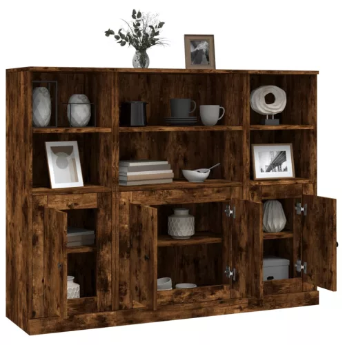  3 db füstös tölgy színű szerelt fa magasszekrény