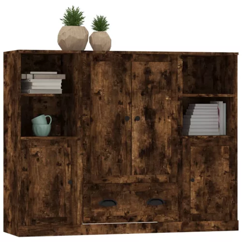  3 db füstös tölgy színű szerelt fa magasszekrény