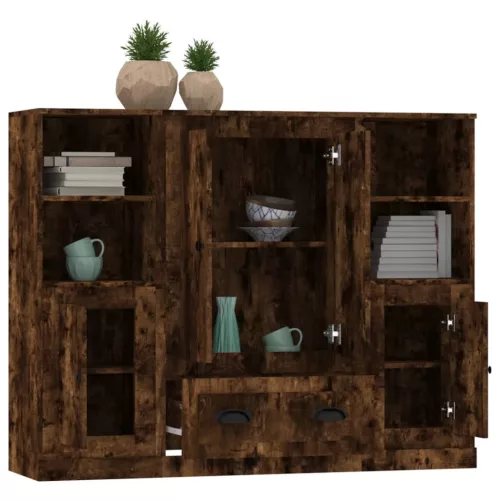  3 db füstös tölgy színű szerelt fa magasszekrény