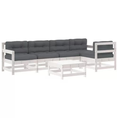  6 részes fehér tömör fa kerti társalgószett párnákkal