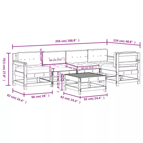  6 részes fehér tömör fa kerti társalgószett párnákkal