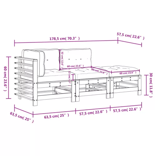  3 részes tömör fa kerti ülőgarnitúra párnával