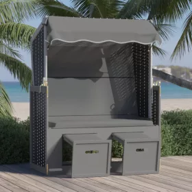   antracitszürke/fekete polyrattan és tömör fa strandszék tetővel