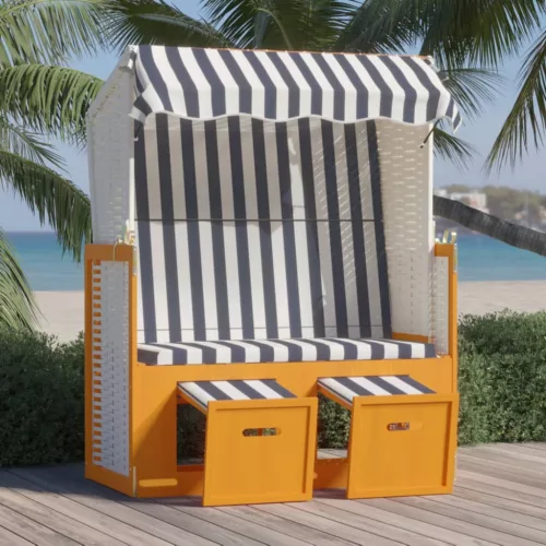  fehér és kék polyrattan és tömör fa strandszék tetővel