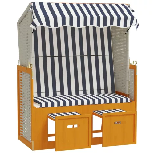  fehér és kék polyrattan és tömör fa strandszék tetővel