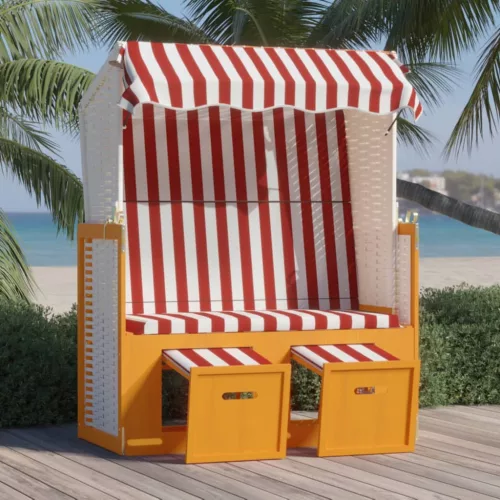  piros és fehér polyrattan és tömör fa strandszék tetővel