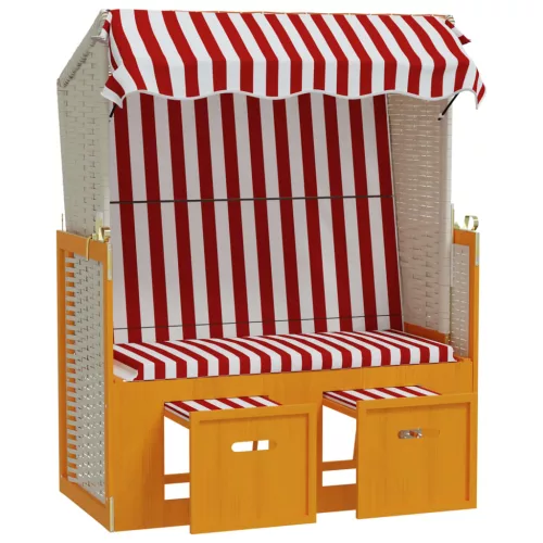  piros és fehér polyrattan és tömör fa strandszék tetővel