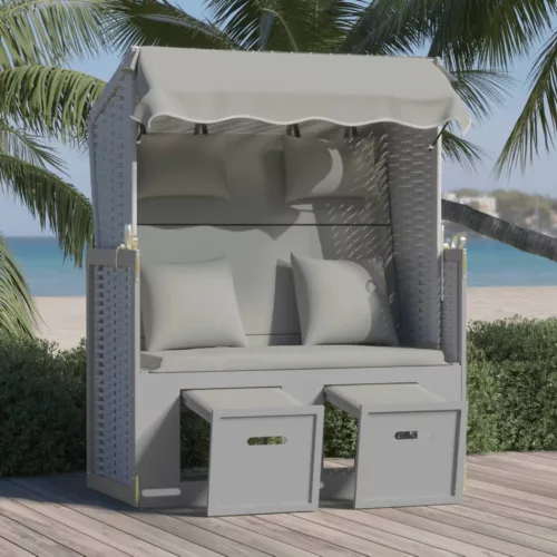  szürke polyrattan és tömör fa strandszék párnákkal