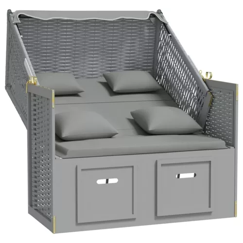  szürke polyrattan és tömör fa strandszék párnákkal