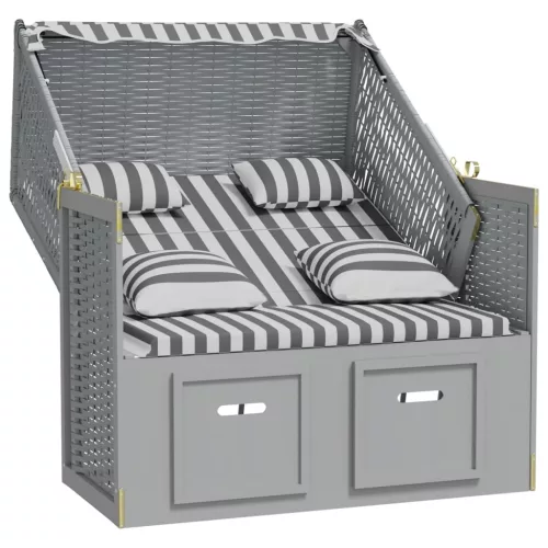  szürke-fehér polyrattan és tömör fa strandszék párnákkal