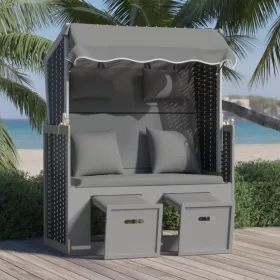    antracitszürke-fekete polyrattan és fa strandszék párnával