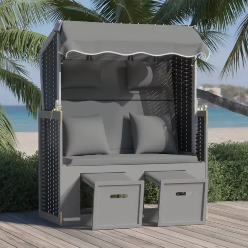  antracitszürke-fekete polyrattan és fa strandszék párnával