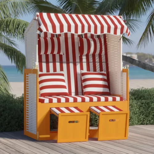  piros és fehér polyrattan és tömör fa strandszék párnákkal