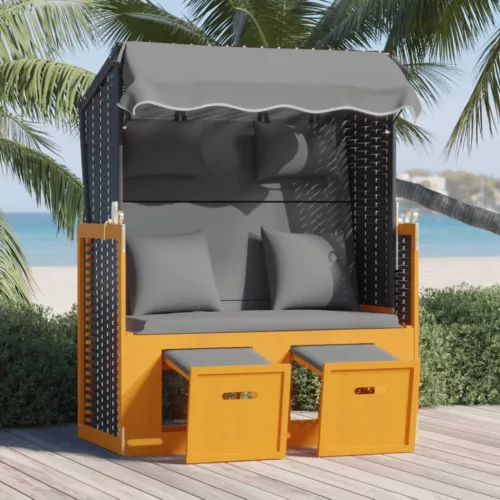  fekete-antracitszürke polyrattan és fa strandszék párnával
