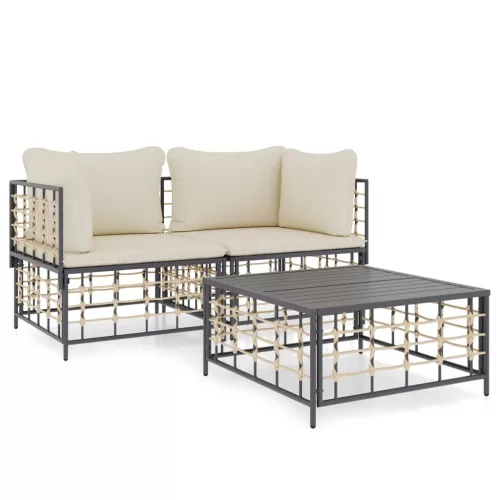  3 részes antracitszürke polyrattan kerti ülőgarnitúra párnákkal