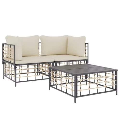  3 részes antracitszürke polyrattan kerti ülőgarnitúra párnákkal