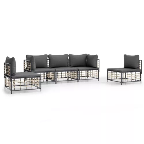  5 részes antracitszürke polyrattan kerti ülőgarnitúra párnákkal