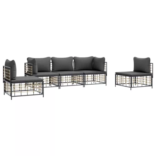  5 részes antracitszürke polyrattan kerti ülőgarnitúra párnákkal