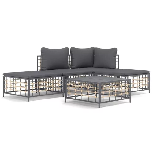  5 részes antracitszürke polyrattan kerti ülőgarnitúra párnákkal