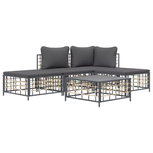  5 részes antracitszürke polyrattan kerti ülőgarnitúra párnákkal