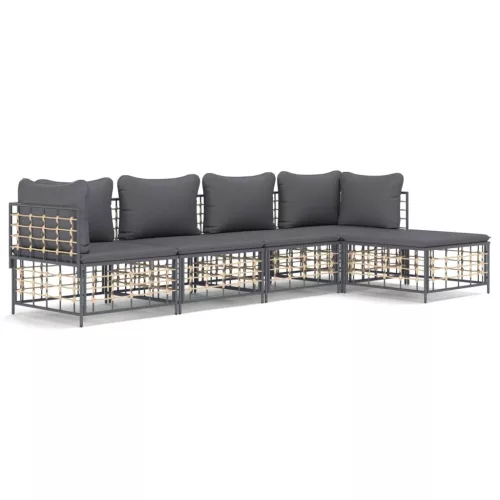  5 részes antracitszürke polyrattan kerti ülőgarnitúra párnákkal