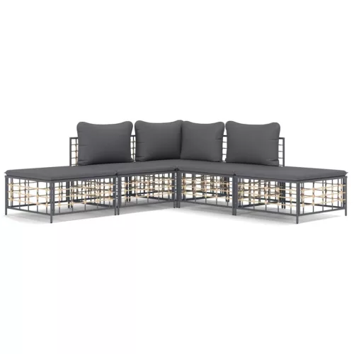  5 részes antracitszürke polyrattan kerti ülőgarnitúra párnákkal