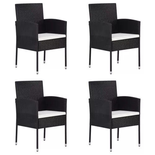  4 db fekete polyrattan kerti szék krémfehér párnákkal