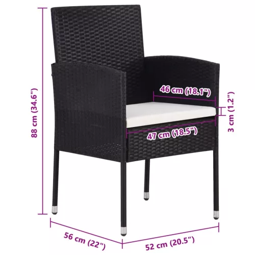  4 db fekete polyrattan kerti szék krémfehér párnákkal