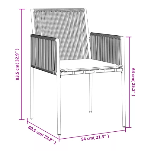  6 db fekete polyrattan kerti szék párnával 54x60,5x83,5 cm
