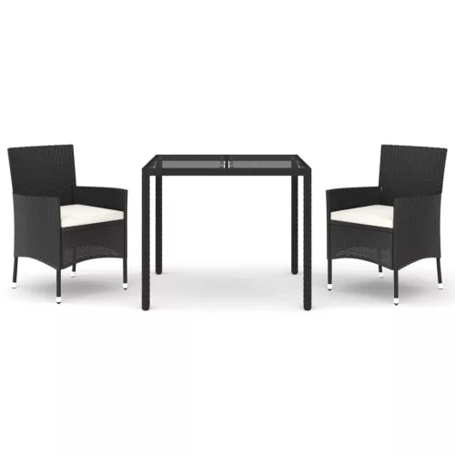  3 részes fekete polyrattan kerti étkezőgarnitúra párnákkal