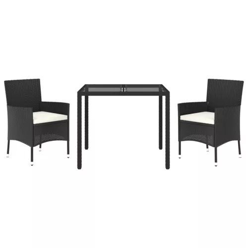  3 részes fekete polyrattan kerti étkezőgarnitúra párnákkal