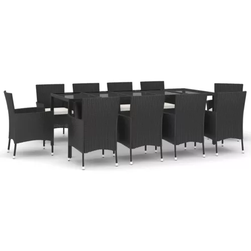  11 részes fekete polyrattan kerti étkezőgarnitúra párnákkal