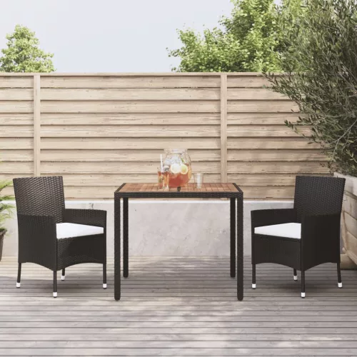  3 részes fekete polyrattan kerti étkezőgarnitúra párnákkal