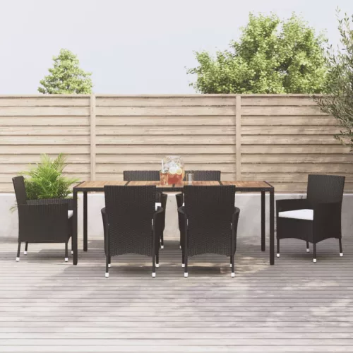  7 részes fekete polyrattan kerti étkezőgarnitúra párnával
