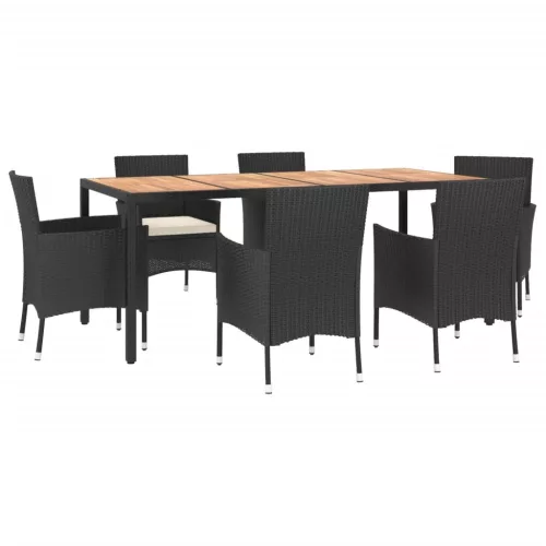  7 részes fekete polyrattan kerti étkezőgarnitúra párnával