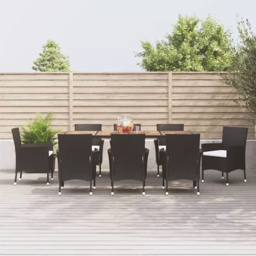  9 részes fekete polyrattan kerti étkezőgarnitúra párnákkal