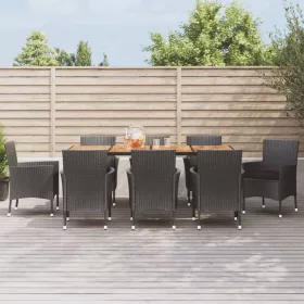    9 részes fekete polyrattan kerti étkezőgarnitúra párnákkal