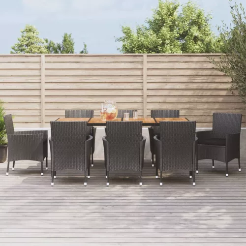  9 részes fekete polyrattan kerti étkezőgarnitúra párnákkal