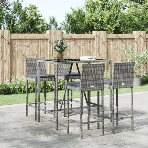  5 részes szürke polyrattan kerti bárszett párnákkal