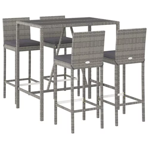  5 részes szürke polyrattan kerti bárszett párnákkal