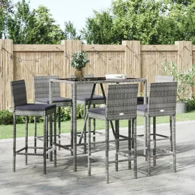  7 részes szürke polyrattan kerti bárszett párnákkal