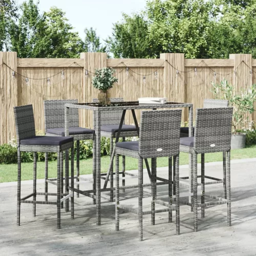  7 részes szürke polyrattan kerti bárszett párnákkal